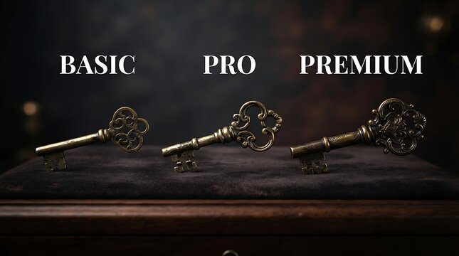Three vintage brass keys labeled basic, pro, and premium on a dark velvet surface
