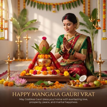 Indian woman in traditional green and red saree praying before a brass kalash decorated with marigold flowers, lotus, and oil lamps during mangala gauri vrat festival celebration