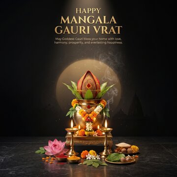 Mangala gauri vrat greeting card featuring a brass kalash with coconut, marigold flower garlands, glowing oil lamps, and a pink lotus flower on a dark marble surface background