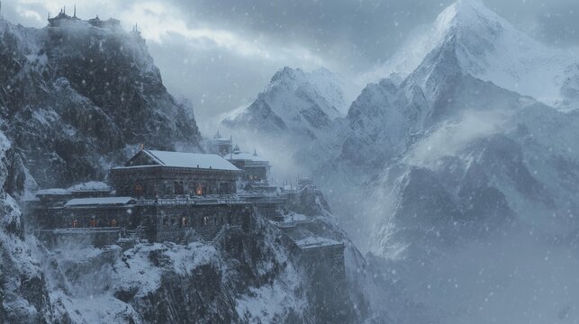 Remote mountain lodge nestled on a snow-covered cliff face during a harsh winter storm