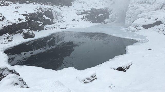 Remote wilderness scene showing a partially frozen lake surrounded by snow-covered rocks and mist