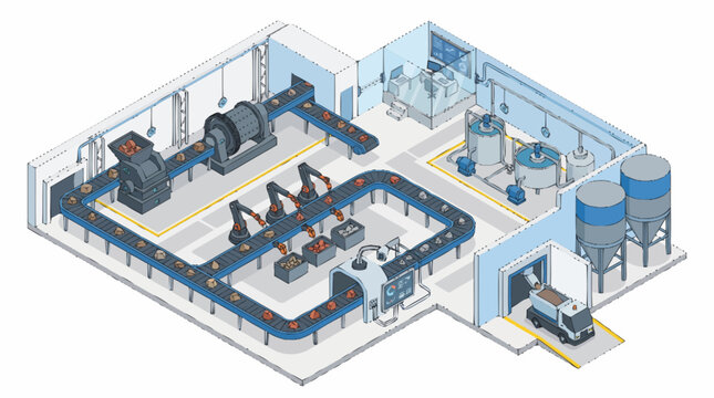 Modern Industrial Factory Interior with Machinery and Conveyor Systems.