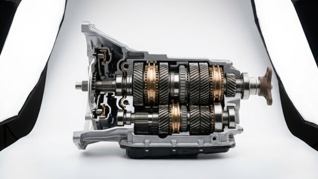 Automotive - Cutaway Cross Section View of Manual Transmission Gearbox Showing Helical Gears and Synchronizers