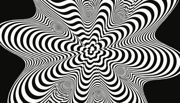 Warped optical illusion pattern with spirals and circles