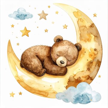 Schlafender kleiner B&auml;r auf Mondsichel im Aquarellstil f&uuml;r Kinderbuch