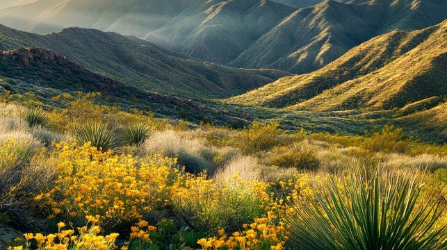 Rolling semi-arid desert hills covered in yellow wildflowers and green desert plants during spring