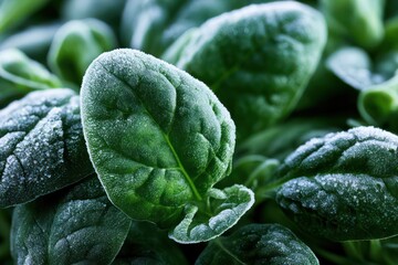 Obraz premium Frozen leafy green spinach frost pattern