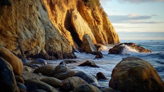 Rugged coastal cliffs bathed in golden sunlight with waves crashing against rocky shores