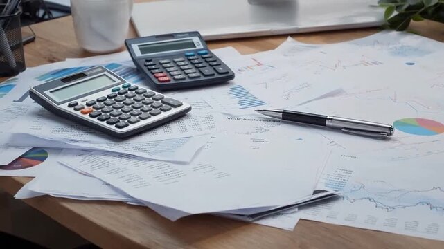 Office desk with calculators, pen, and financial documents featuring charts and graphs