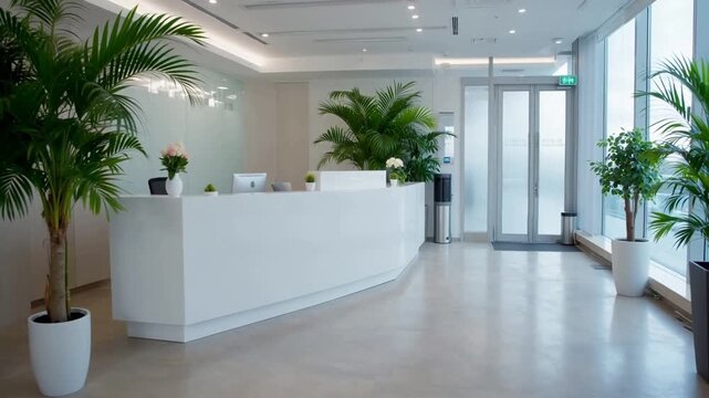 Modern office lobby with reception desk, potted plants, and large windows