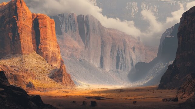 Rugged desert valley landscape with massive rock formations and clouds at sunrise or sunset