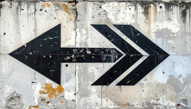 Dual black arrows point opposite directions on weathered, damaged wall