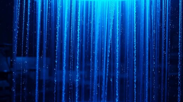 Blue illuminated water streams falling vertically in a dark environment