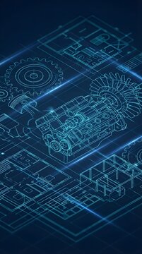Blue technical engineering blueprint of mechanical engine and gears.
