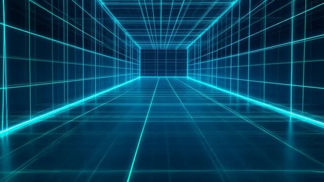 A futuristic digital corridor with glowing blue grid lines extending into the distance, creating a sense of depth and technology.
