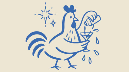 Whimsical stylized rooster illustration wearing chef hat holding martini glass with sparkling droplets poured from hand on beige background © Abdul Waheed Studio