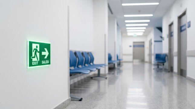 Illuminated exit sign on a hospital hallway wall with blue chairs