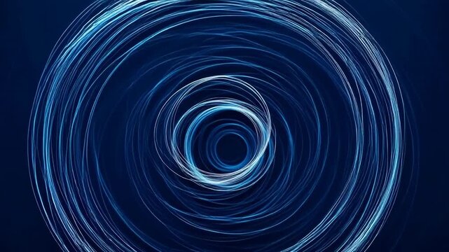 Abstract blue spiral animation with concentric glowing rings rotating in a tunnel-like pattern