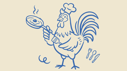 Playful stylized rooster illustration wearing chef hat holding frying pan with cooked egg and utensils on beige background © Abdul Waheed Studio