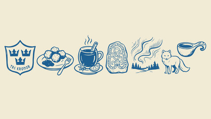 Swedish cultural icons illustrated in stylized blue drawings featuring national emblem cuisine beverage rune stone forest wildlife and traditional wooden cup on beige background © Abdul Waheed Studio