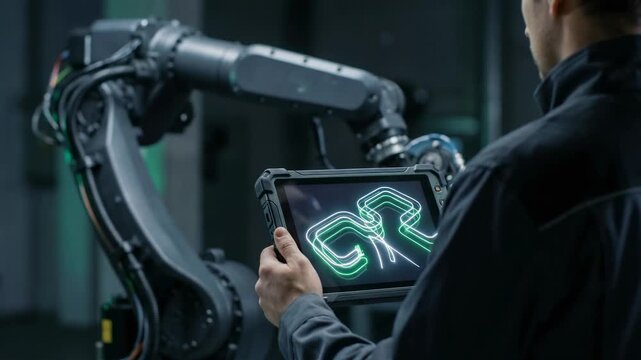 A technician interacts with a robotic arm while using a tablet to control its movements in a manufacturing environment