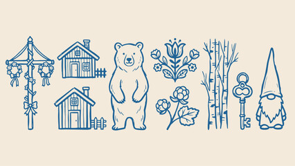 Scandinavian folk art icons illustrated in stylized blue drawings featuring maypole houses bear floral motif berries birch trees ornate key and gnome on beige background © Abdul Waheed Studio