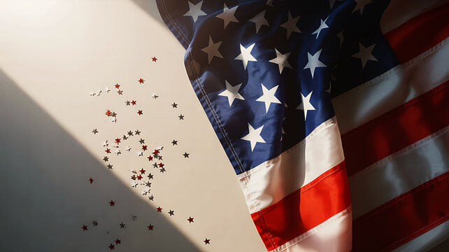 American flag with falling festive confetti stars for a patriotic celebration event