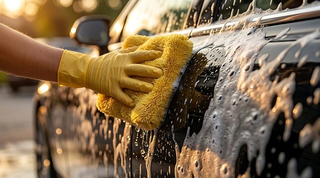 Person washing black car exterior with yellow sponge glove and soapy foam in sunset as isolated PNG