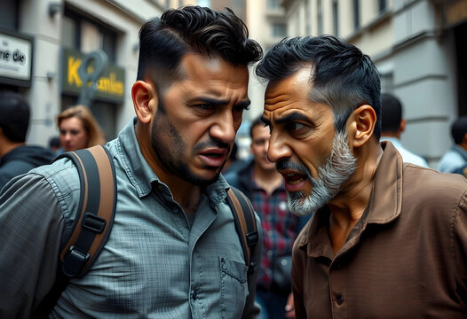 Two men in a heated argument on a busy city street, expressing anger and conflict in an urban environment