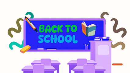 Cheerful young boy and girl in a school uniform playfully holds a book above her head, surrounded by school graphics like pencils and paper on a colourful layout. Back to school poster