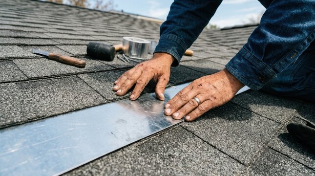 Closeup of a roofer installing metal flashing on a shingled roof