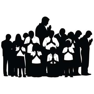 People praying silhouette vector illustration line art, group of worshipers with namaste gesture.
