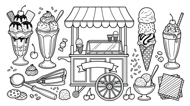 Ice cream shop coloring page vector, vintage dessert cart and sundae collection, hand drawn summer treats line art for kids activity