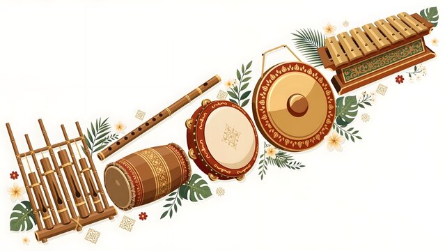Traditional Indonesian Gamelan Musical Instruments Set with Tropical Flowers and Leaves