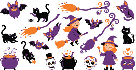 Cute halloween celebration icons set featuring witches cats bats skulls and magic cauldrons © Nayem