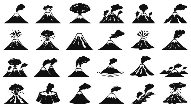 Collection of black and white volcano icons representing different eruption stages and styles on white background.