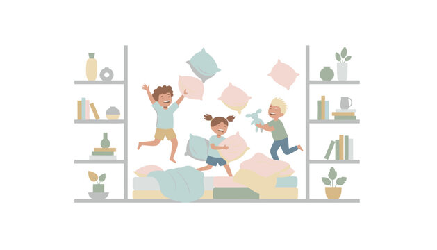 Three young children having an energetic pillow fight while jumping on a bed in a room with shelves and indoor plants decor.