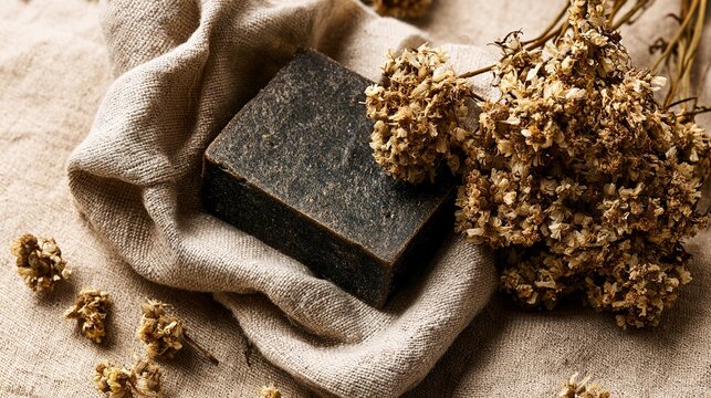 patchouli. Dark brown patchouli soap bar on rough linen with dried flowers, rustic texture. gardening catalogs, home-decor guides, designed for home decor and floral branding, used by ui designers.