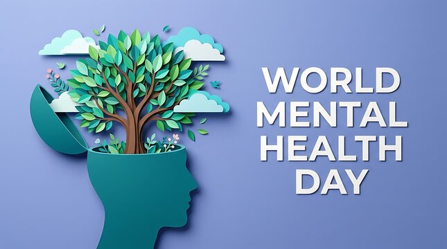 World Mental Health Day concept. Paper art head with growing tree for psychological wellness.