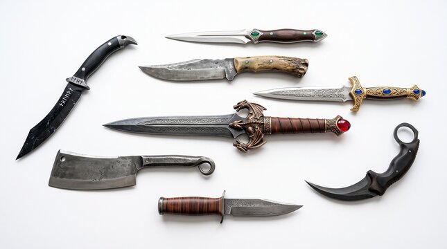 An overhead view showcasing a diverse collection of sharp knives and daggers with varied handles and blade designs on a white background.