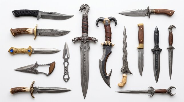 An overhead view of an eclectic collection of sharp blades including various knives, daggers, and fantasy swords, arranged neatly on a clean white background.