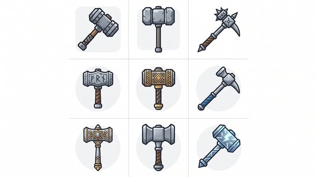 A collection of nine distinct stylized hammer and pickaxe icons arranged in a grid, featuring various designs and materials.