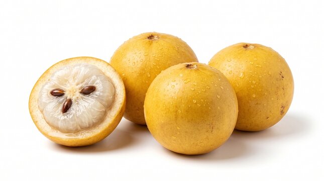 Fresh whole and halved yellow santol fruit showing white pulp and seeds on a plain white background for culinary use
