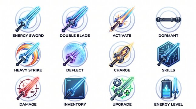 A collection of twelve stylized video game icons depicting various swords, combat abilities, and inventory elements.