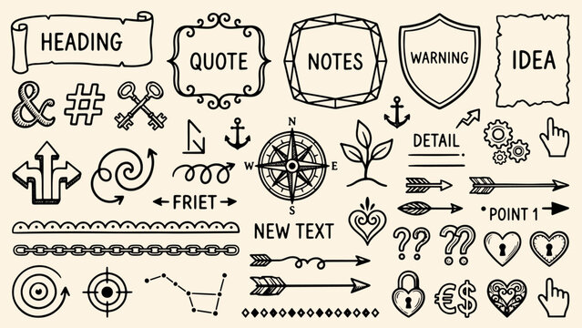 Vintage decorative graphic elements with frames arrows hearts keys and text labels in ornate style on beige background