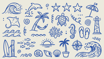 Beach and ocean illustration with dolphin turtle seahorse coral and vacation items in detailed blue line style on beige background © Abdul Waheed Studio