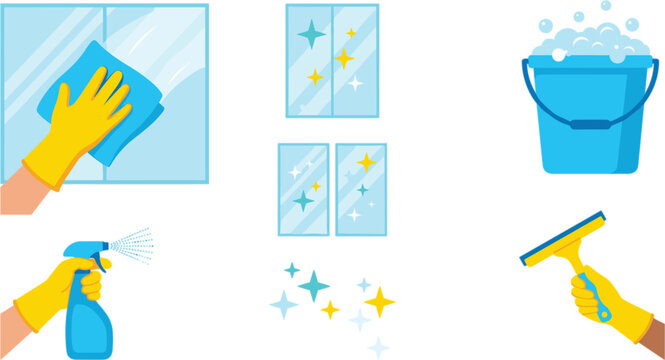 Hand in yellow glove wiping glass vector illustration set featuring window spray bottle soapy bucket squeegee and sparkling star elements