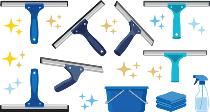 Window cleaning squeegee vector illustration set with plastic scrapers plastic bucket spray bottle microfiber towels and sparkling star icons