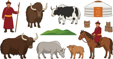 Mongolian nomad lifestyle vector illustration set with yaks herder in traditional clothing yurt tent horse mountains and wooden buckets © MST