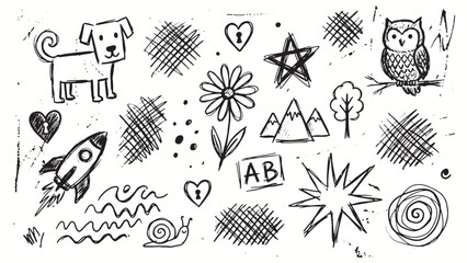 Playful doodle illustration with dog owl rocket snail flower tree mountains hearts and abstract shapes in black ink © Abdul Waheed Studio